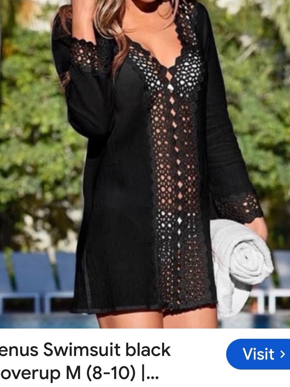 VENUS Black Crochet V-Neck Tunic Coverup